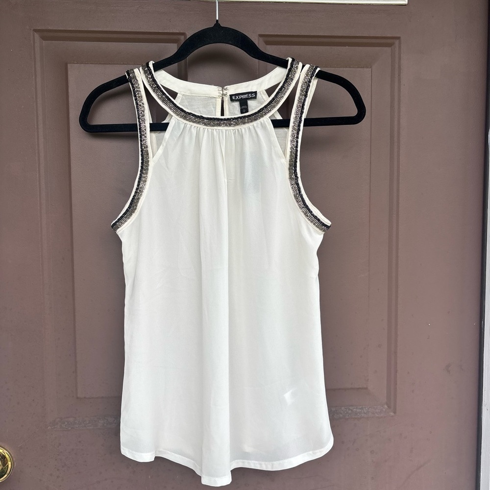 NWT Express White and Black Beaded Trim Sleeveless Blouse